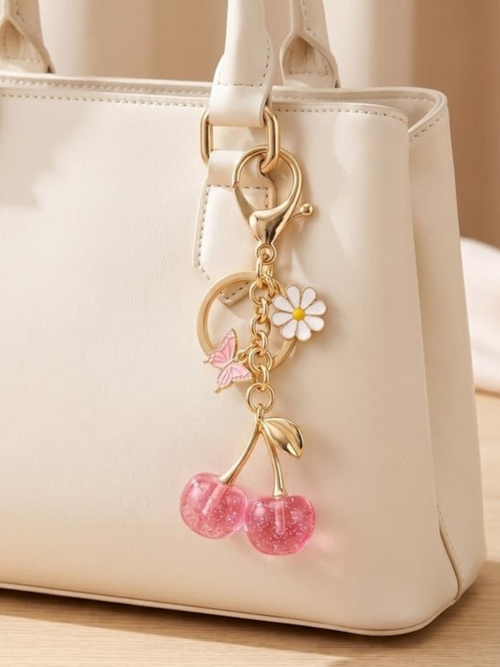 Cute Pink Cherry Keychain Bag Charm - Gold Hardware